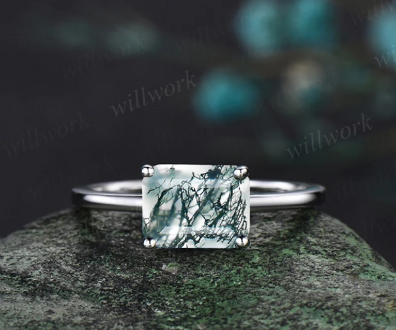 East to west emerald cut green moss agate engagement ring women solid 14k white gold solitaire gemstone anniversary ring gift