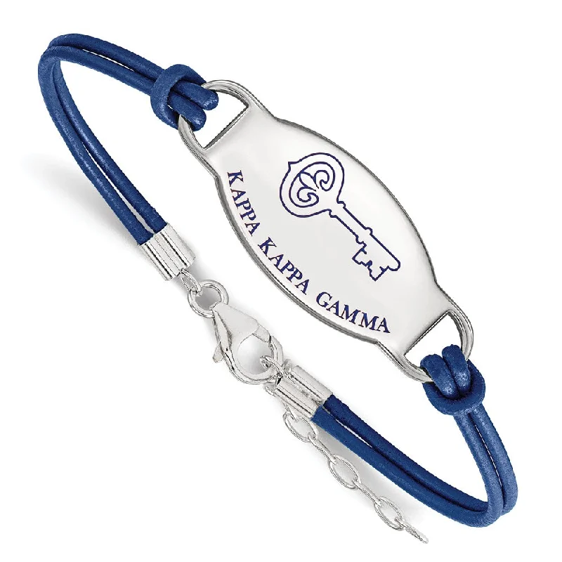 Sterling Silver Kappa Kappa Gamma Enamel Blue Leather Bracelet - 7 in.