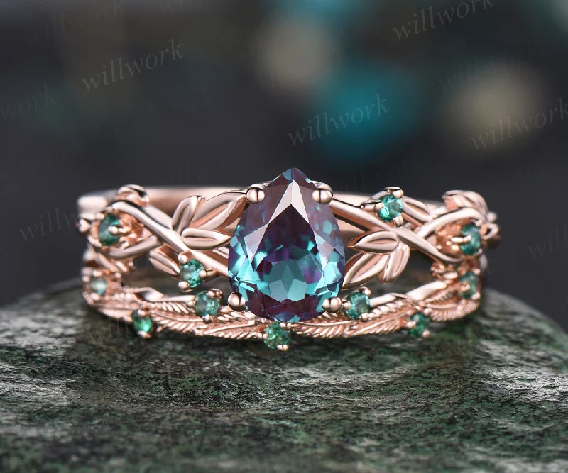 Unique Pear Cut Alexandrite Engagement Ring Set Leaf Vine Twig Branch Nature Inspired Ring Emerald Wedding Band Art Deco 2pcs Bridal Ring Set