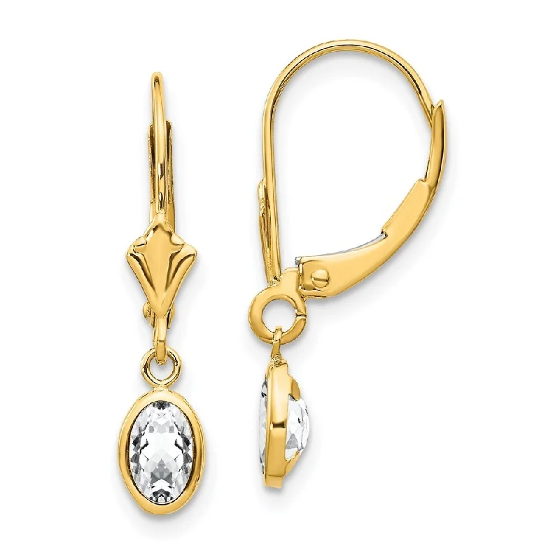 14k Yellow Gold 6x4 Oval Bezel April White Gemstone Lever back Earrings (L-23 mm, W-4 mm)