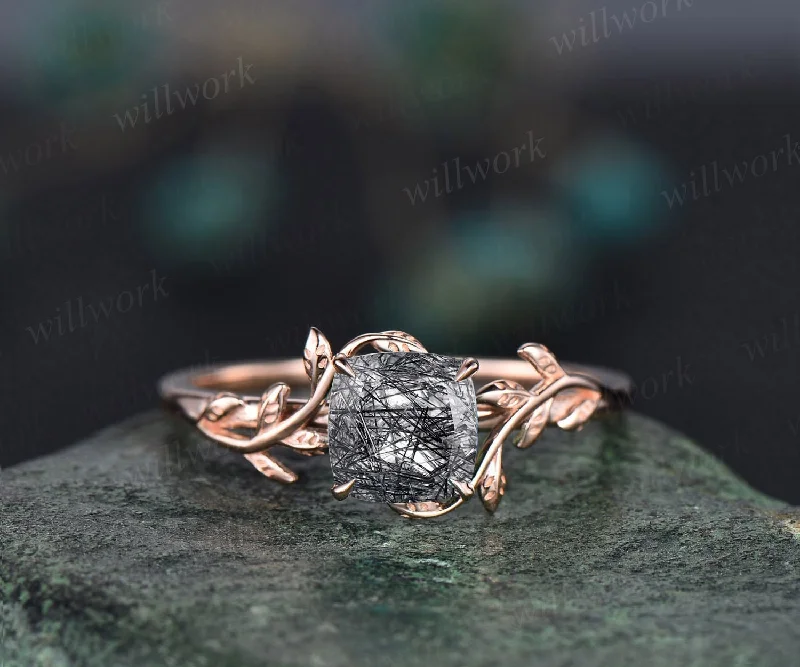 Cushion cut black rutilated quartz ring vintage unique nature inspired engagement ring leaf 14k rose gold art deco bridal wedding ring women