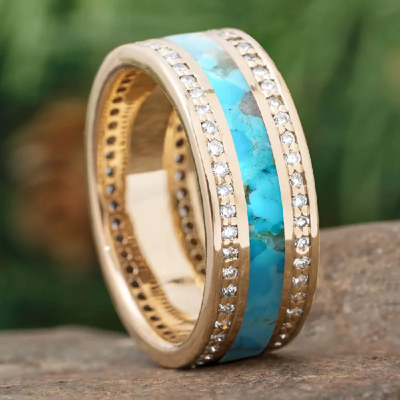 Turquoise Wedding Band, Diamond Eternity Ring in Gold