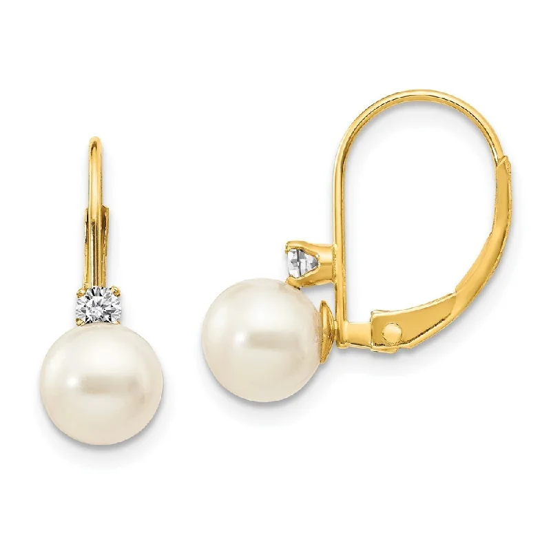 14k Yellow Gold 6mm Pearl AA Diamond Lever back Earrings (L-15 mm, W-6 mm)