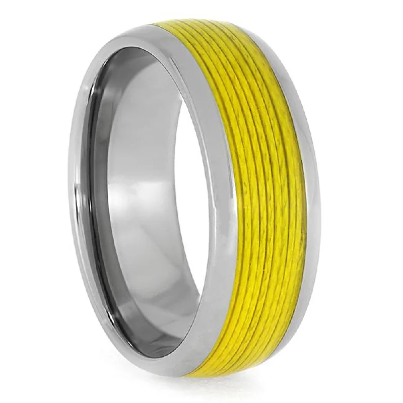 Titanium Ring with Yellow Fishing Line Inlay, Ring for Fisherman