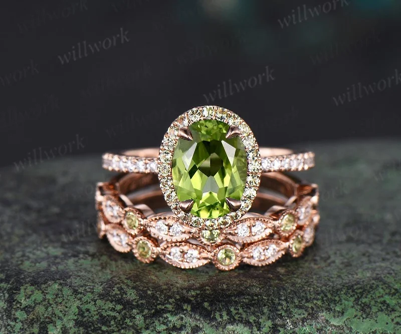 Vintage oval cut peridot engagement ring milgrain half eternity diamond ring 14k rose gold art deco unique anniversary bridal ring set women