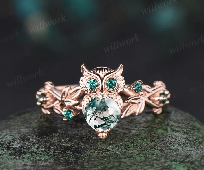 Round moss agate Owl Engagement Ring 14k rose gold emerald Branch Leaf Wedding Ring Nature Inspired Ring Birthday Gift for Owl Lover