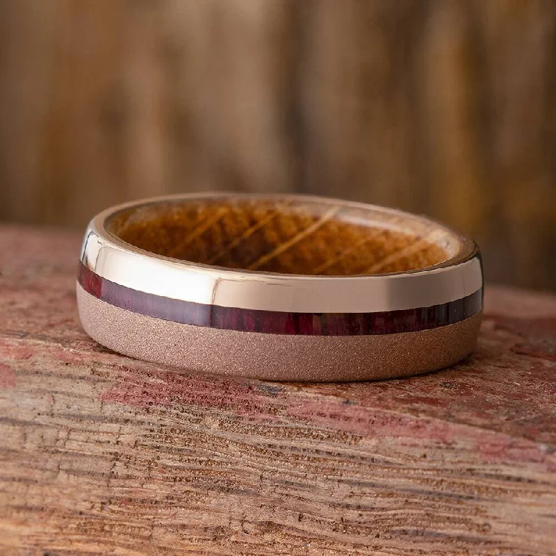 Sandblasted Rose Gold Wedding Band with Whiskey Oak