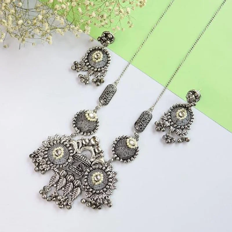 Etnico Navratri Ethnic German Silver Oxidised Jewellery Antique Long Necklace Set with Earrings for Women & Girls(MC096OX)