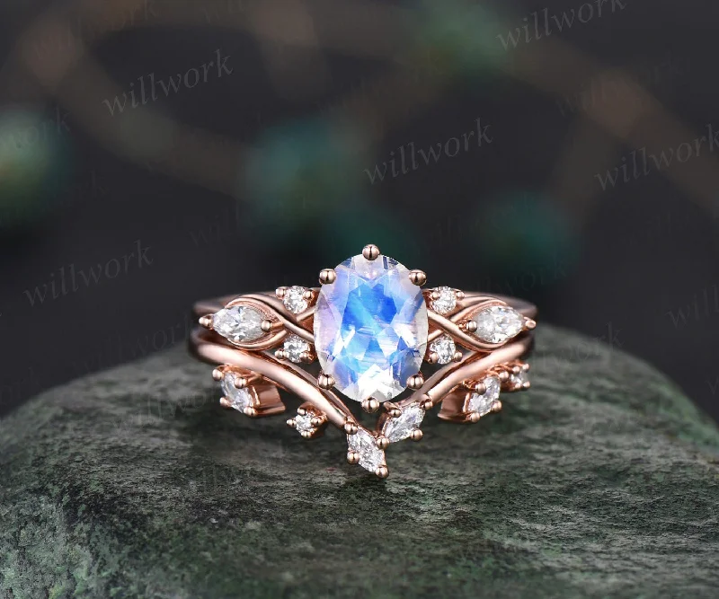 Vintage oval moonstone engagement ring art deco cluster diamond ring solid rose gold bridal set unique wedding ring set women gemstone