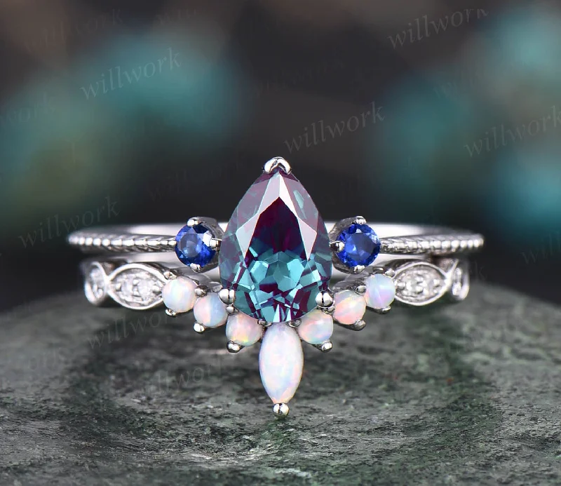 Vintage Alexandrite engagement ring set three stone sapphire ring set art deco opal ring gold silver moissanite ring for women wedding set