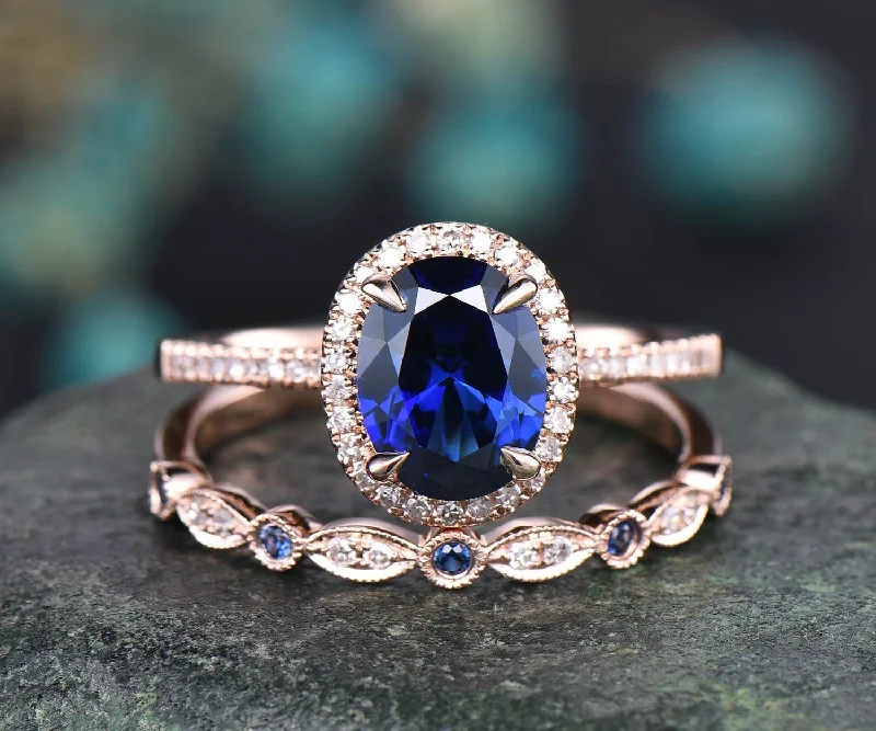 Rose gold ring set 2pcs 7x9 oval blue sapphire engagement ring set diamond bridal set natural sapphire wedding ring band sapphire jewelry