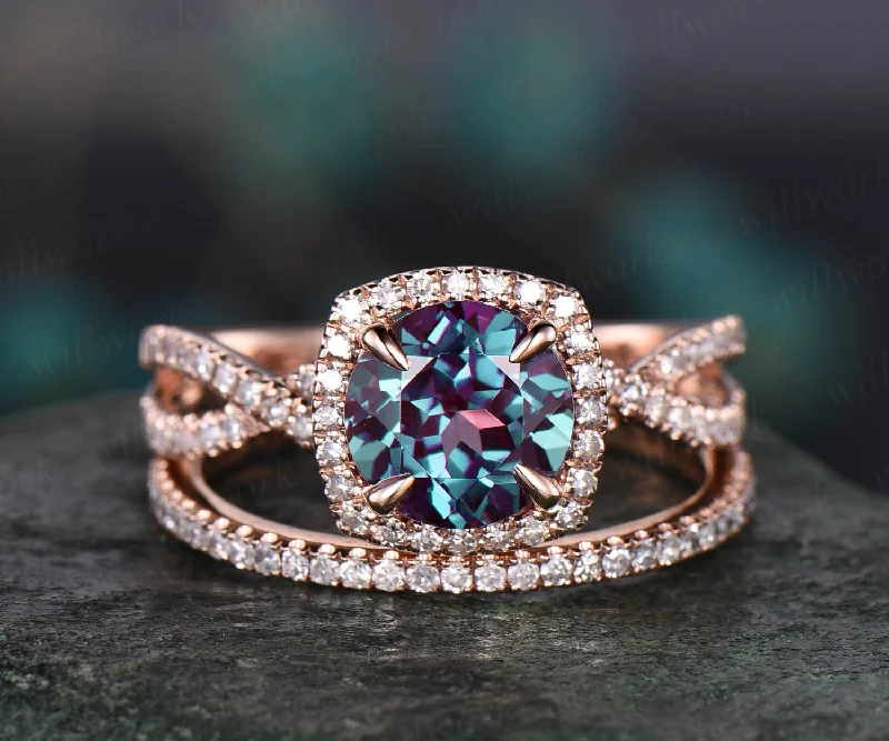 Unique infinity halo engagement ring 2pcs round Alexandrite engagement ring set rose gold full eternity diamond wedding band bridal set