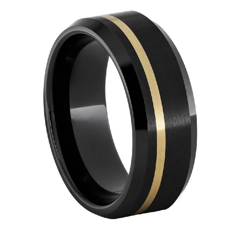 Offset Yellow Gold Pinstripe in Black Ceramic Ring