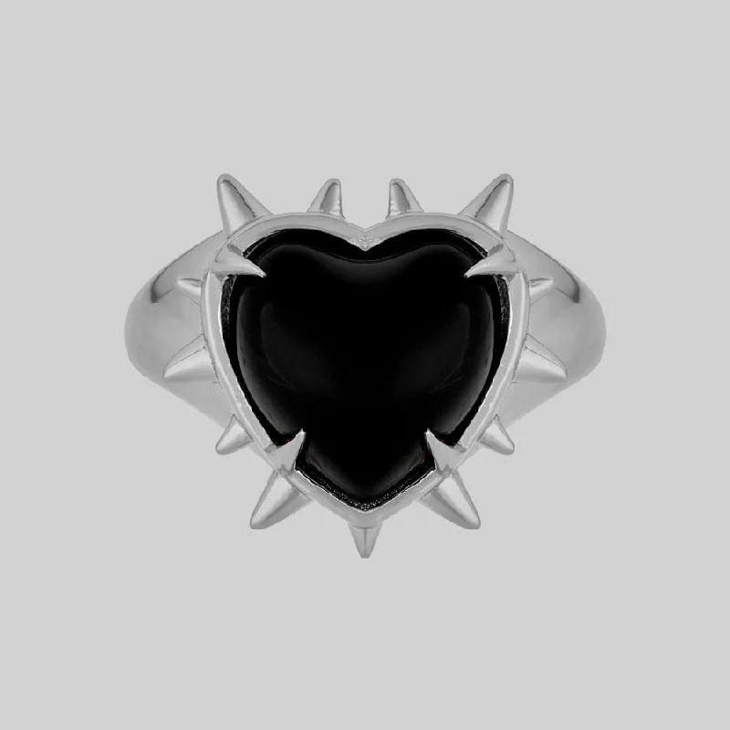 VOID. Spiked Black Glass Heart Ring - Silver