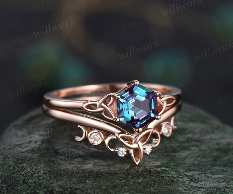 Vintage hexagon cut alexandrite engagement ring set for women Norse Viking rose gold ring unique moissanite anniversary ring set for women