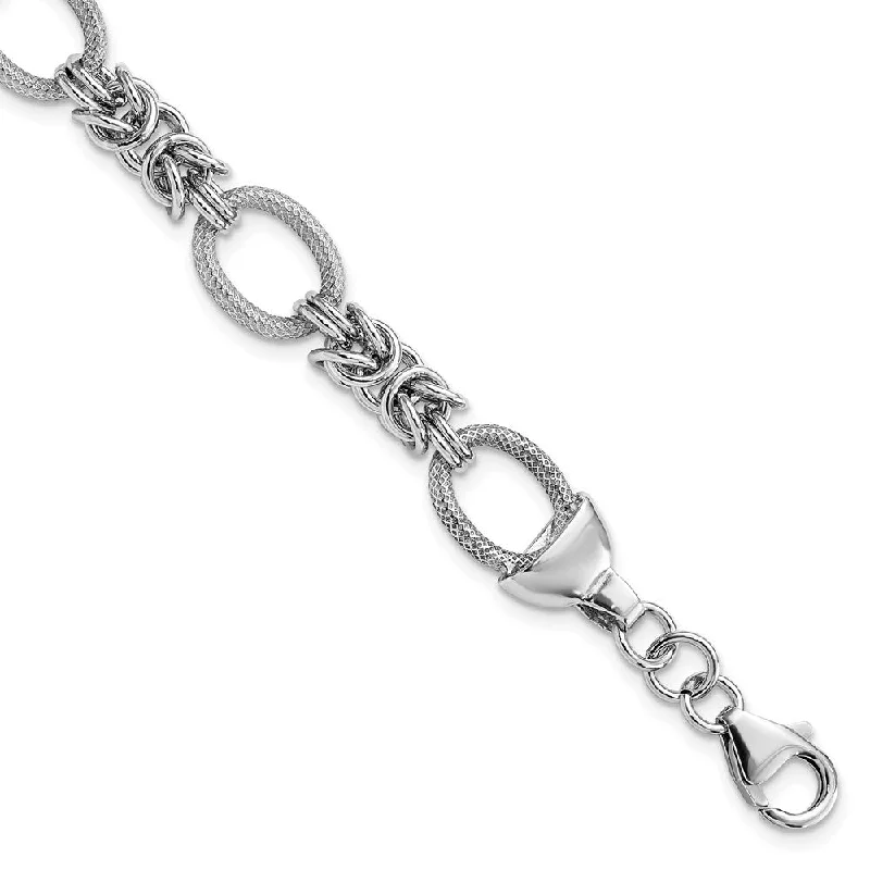 10mm Rhodium Plated Sterling Silver Solid Fancy Chain Bracelet, 7.5 In