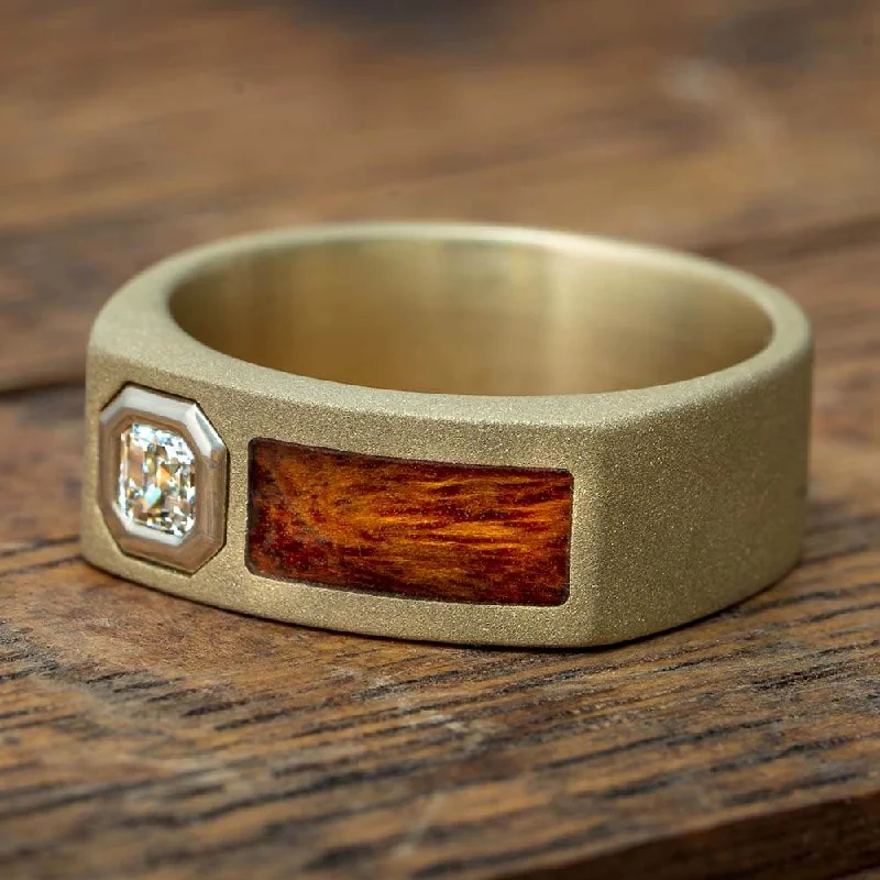 Sandblasted Gold Men's Wedding Band With Wood & Diamond