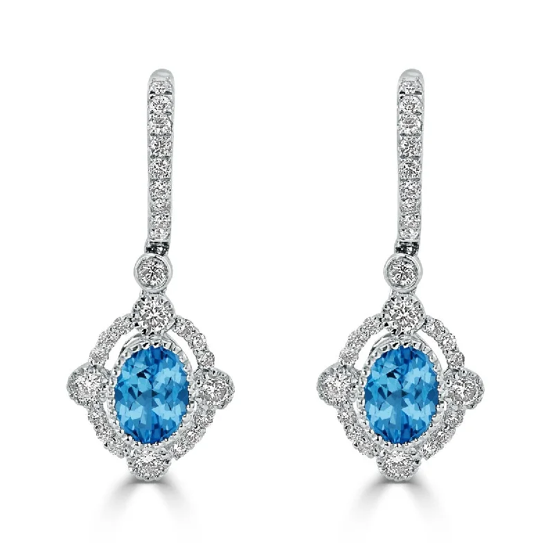 Auriya 1 3/4ct Fancy Oval-cut Blue Topaz Halo Diamond Dangle Earrings 7/8ctw 18k Gold