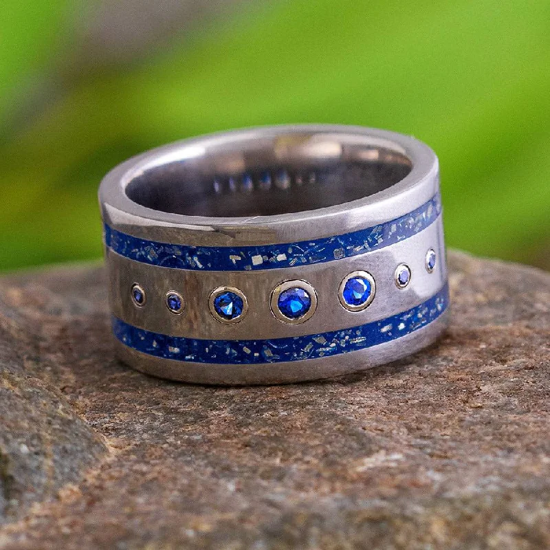 Wide Blue Sapphire Wedding Band with Navy Blue Stardust™