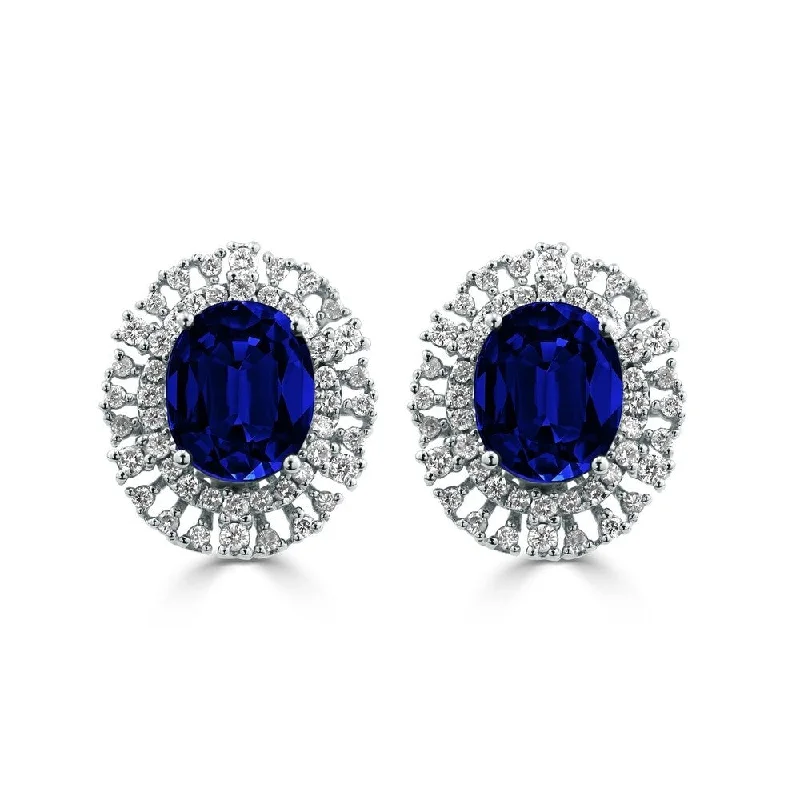 Auriya Fancy 7 5/8ct Blue Sapphire Oval and 1.08ct Diamond Halo Stud Earrings 18k Gold