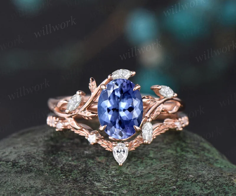 Vintage oval cut Tanzanite engagement ring 14k rose gold leaf nature inspired ring women unique cluster diamond bridal wedding ring set