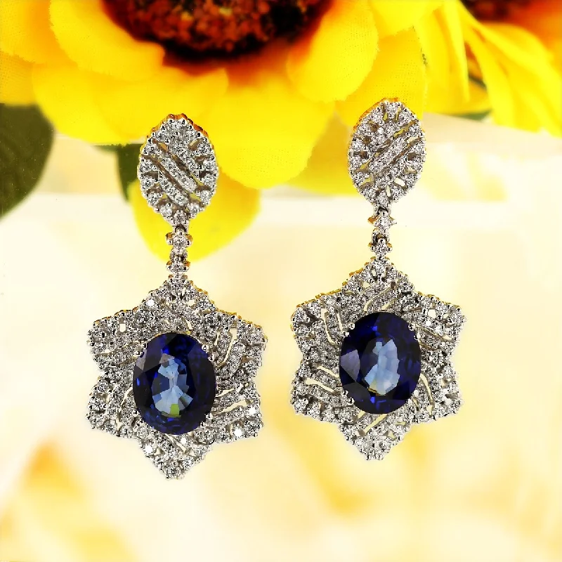 Auriya Fancy 6 3/4ct Royal Blue Sapphire Oval and 1 1/4ctw Halo Diamond Earrings 18K Gold