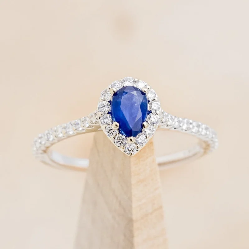 "AGNES" - PEAR CUT NATURAL BLUE SAPPHIRE ENGAGEMENT RING WITH DIAMOND HALO & ACCENT BAND