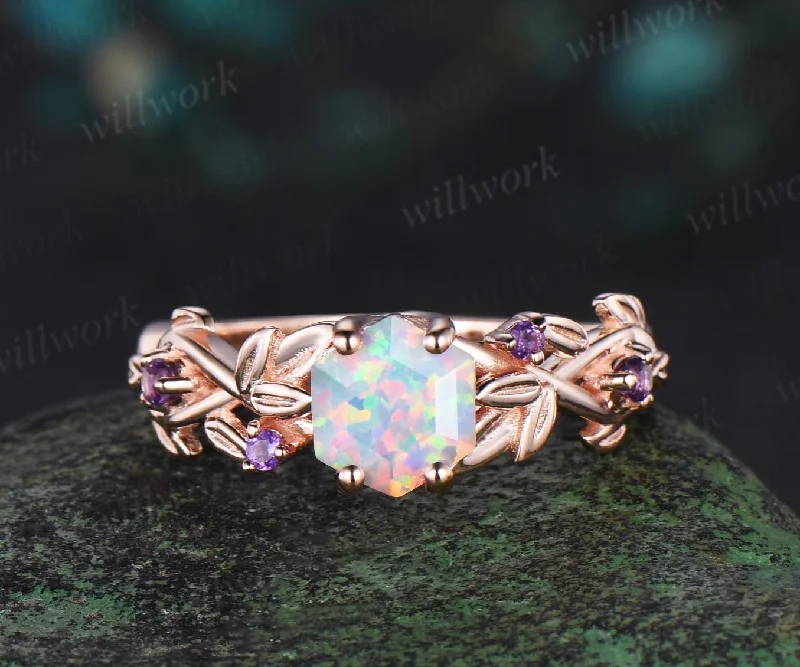 Hexagon cut white opal ring vintage rose gold five stone infinity leaf unique engagement ring women amethyst anniversary ring gift jewelry