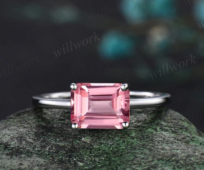 East to west emerald cut Papalacha sapphire engagement ring women solid 14k white gold solitaire pink gemstone anniversary ring gift