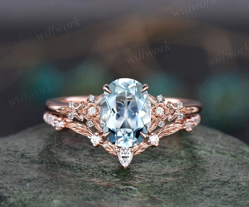 Oval cut aquamarine ring vintage rose gold leaf floral nature inspired engagement ring women art deco cluster diamond bridal ring set gift