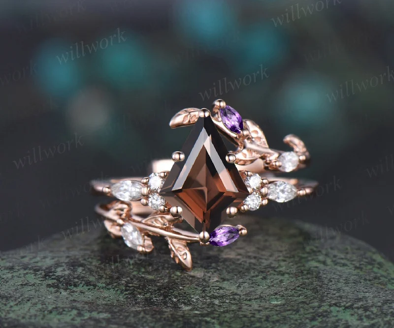 Unique kite cut brown smoky quartz engagement ring twig leaf rose gold diamond amethyst wedding band enhancer anniversary ring women gift