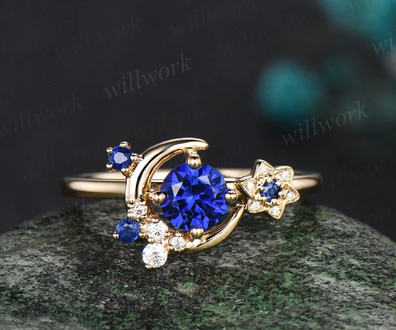 Round cut blue sapphire ring yellow gold vintage star moon cluster engagement ring women gemstone gift