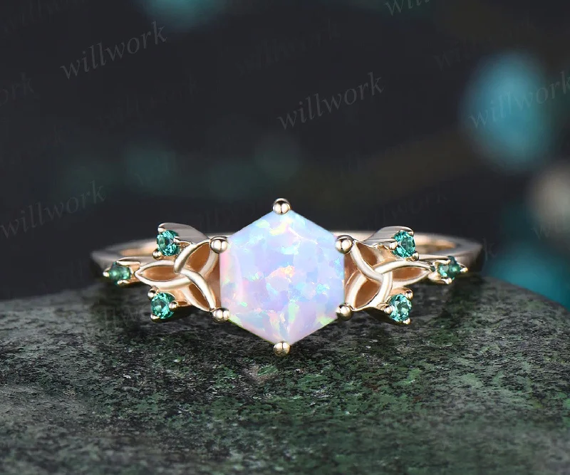 Hexagon Cut Opal Engagement Ring October birthstone Celtic Knot Wedding Ring Emerald Seven Stone Bridal Ring