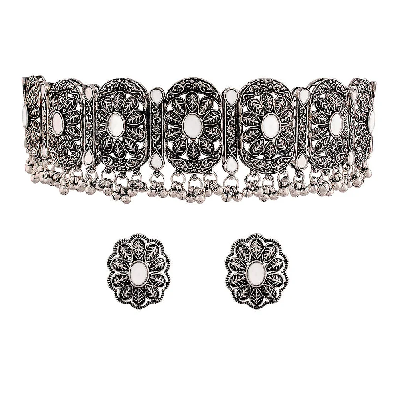 Etnico Oxidised Silver Plated Afghani Choker Necklace Jewellery Set for Women (MC069)