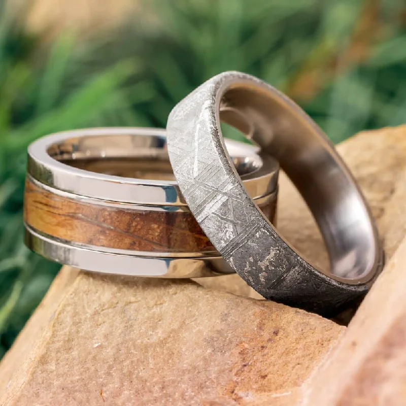 Modular Titanium Ring Set with Whiskey Barrel Oak & Meteorite Inlays