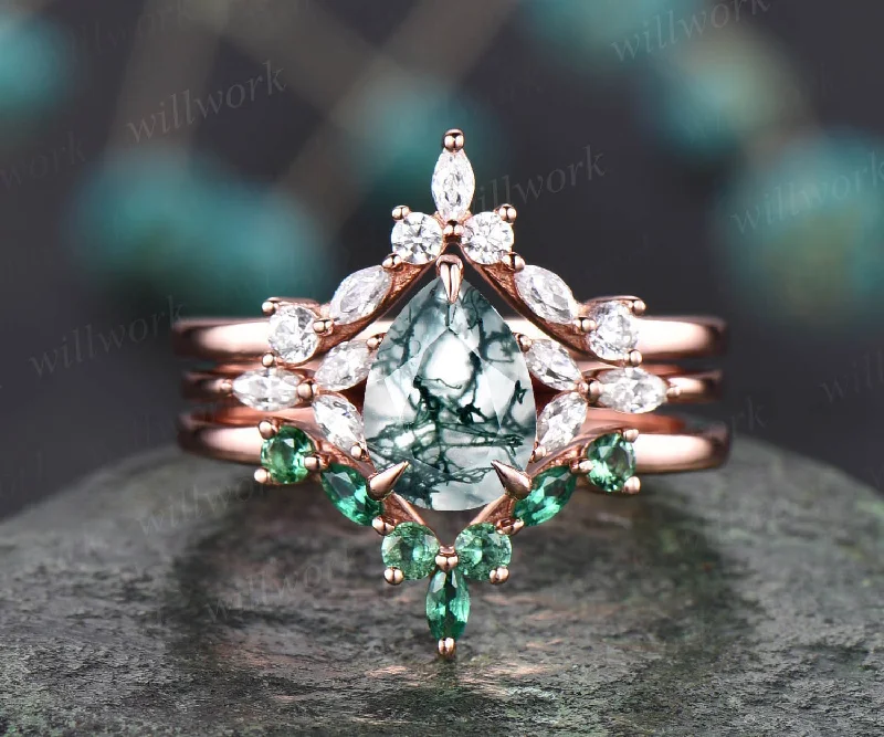 Vintage pear moss agate engagement ring set art deco flower moissanite ring set rose gold silver marquise emerald ring for women jewelry