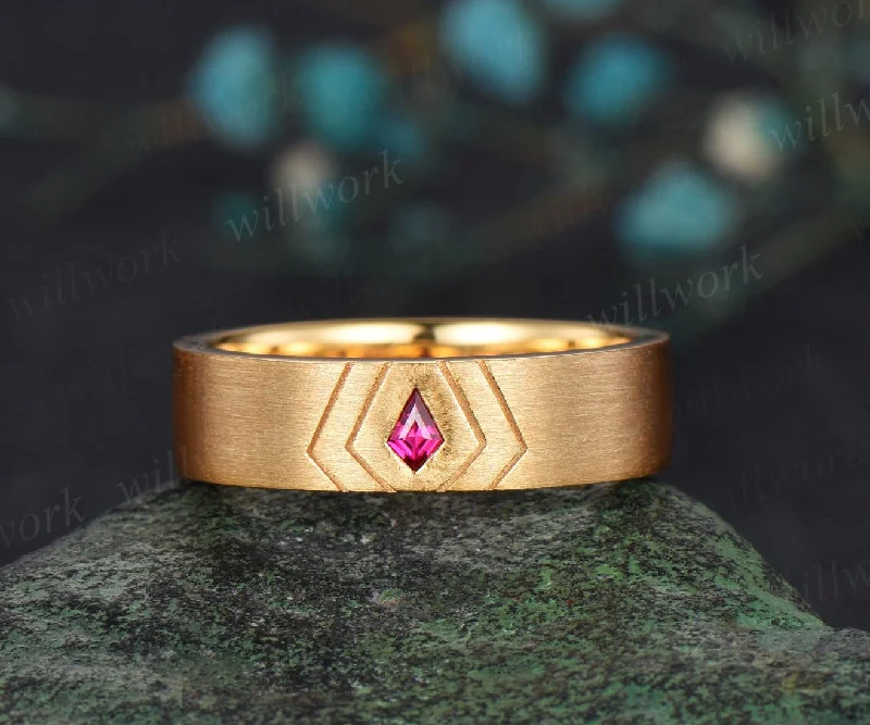 Kite Cut Red Ruby Engagement ring Brushed Rose Gold 10k/14k/18k White Yellow Gold men's ring gift for him anniversary gift