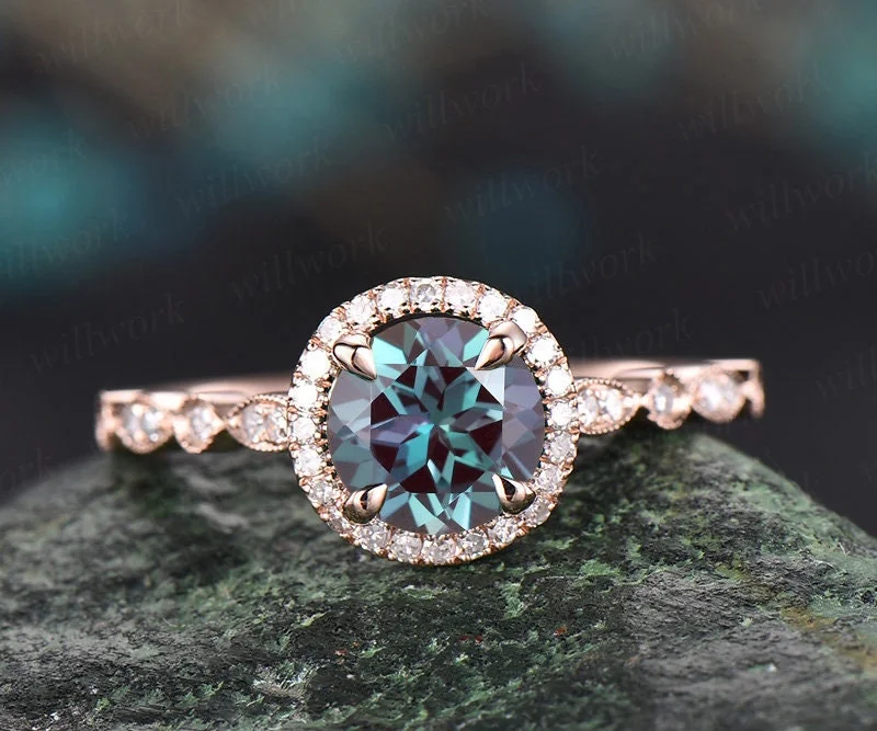 Art deco diamond halo ring color change alexandrite engagement ring rose gold marquise June birthstone ring wedding bridal anniversary ring