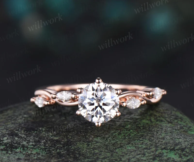 Round cut moissanite ring vintage moissanite engagement ring 14k rose gold dainty halo twisted marquise diamond promise wedding ring women