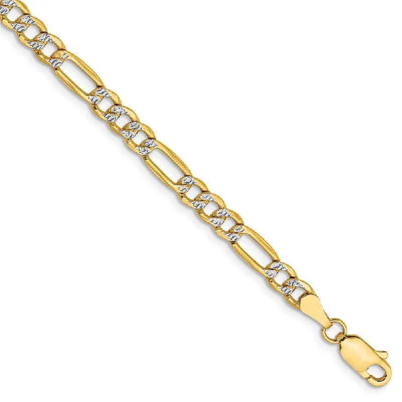 4mm 14k Yellow Gold & Rhodium Hollow Pave Figaro Chain Bracelet